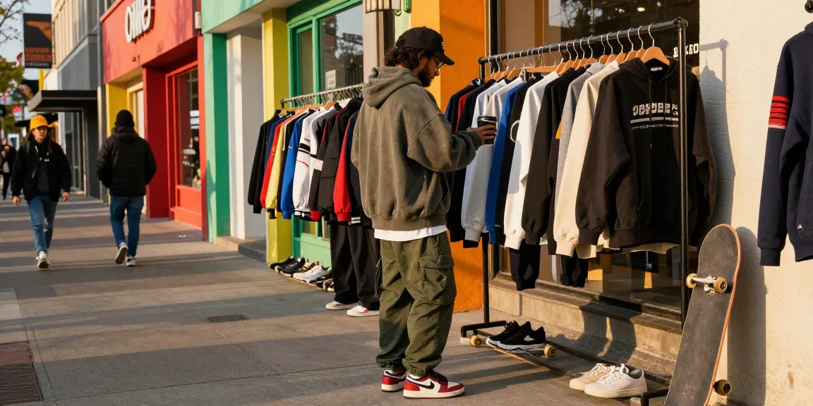 Individual exploring Oopbuy spreadsheet fashion trends in vibrant urban shopping scene.