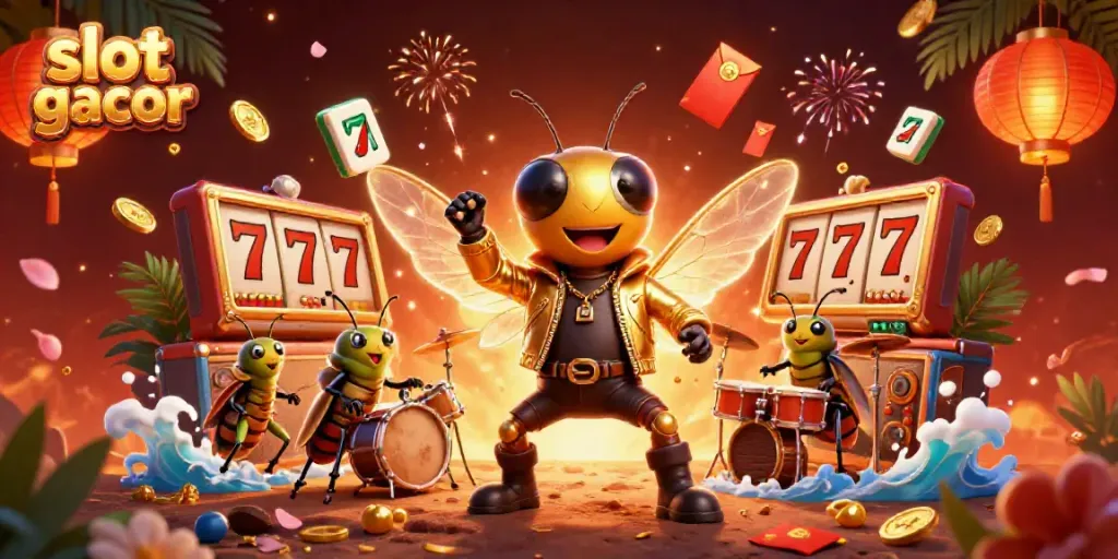 Bermain slot gacor dengan cicada rock star dan dikelilingi elemen keberuntungan yang berkilau.