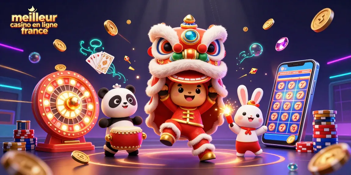 Illustration dynamique de meilleur casino en ligne France avec danse de lion, panda et lapin.