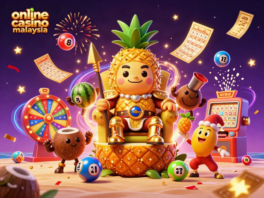 Experience lively gaming action with online casino malaysia, featuring a dynamic scene of a pineapple king and casino elements.