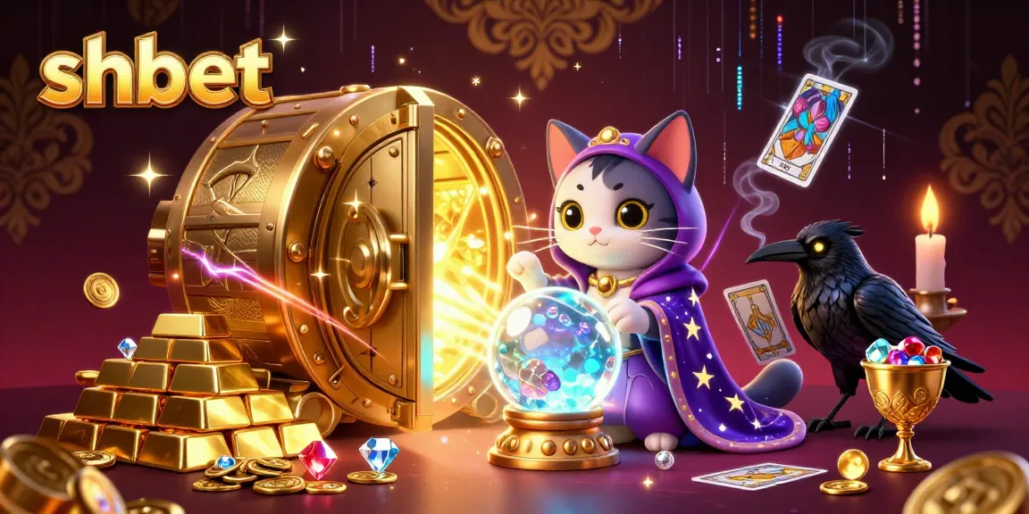 Engage in the thrilling world of shbet casino with mystical elements and treasures bursting from a golden vault.