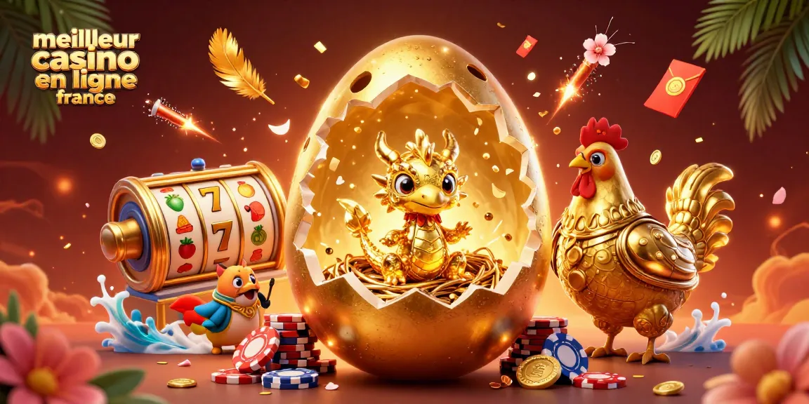 Illustration dynamique représentant le meilleur casino en ligne France avec une scène captivante de dragon doré et jetons de poker.