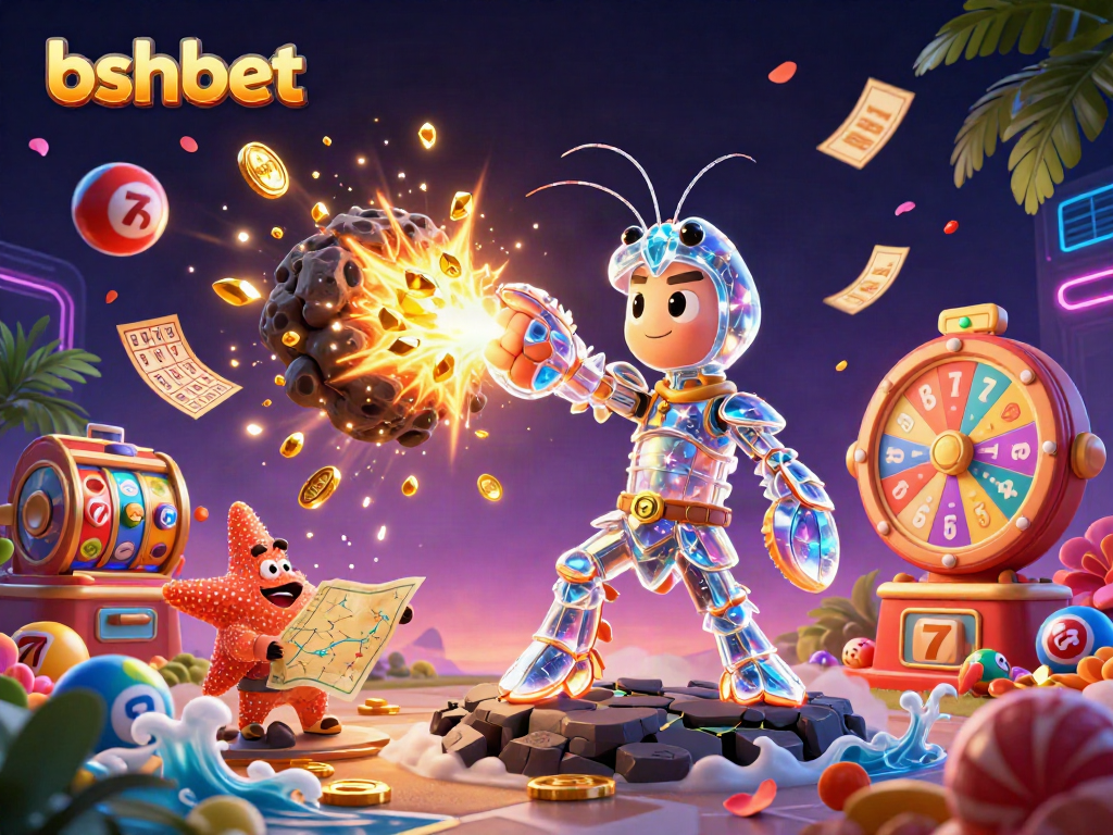Engage with bshbet's vibrant casino world through a dynamic 3D illustration of excitement and rewards.