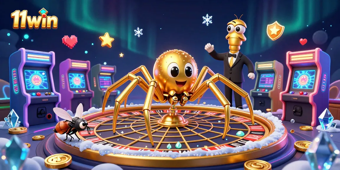 Engage with 11win as a golden spider spins a roulette wheel web in this colorful 3D casino scene.