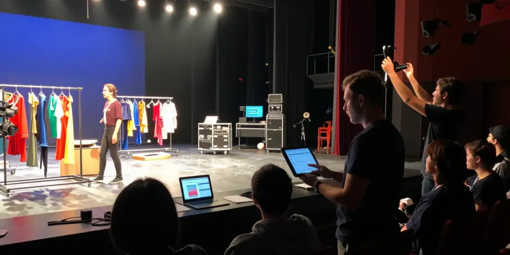Captivating rehearsal scene showcasing apps for theatre in action with stage management coordination.