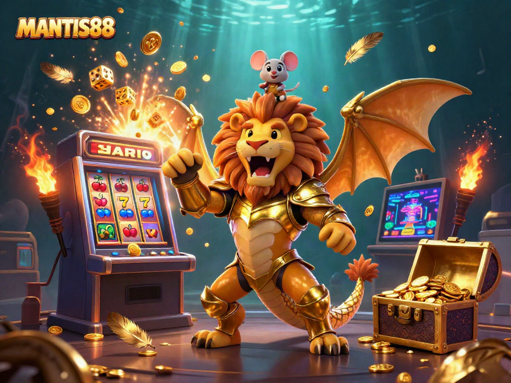 MANTIS88 features a 3D chimera creature, slot machine jackpot explosion, and a mouse jockey enjoying the action.