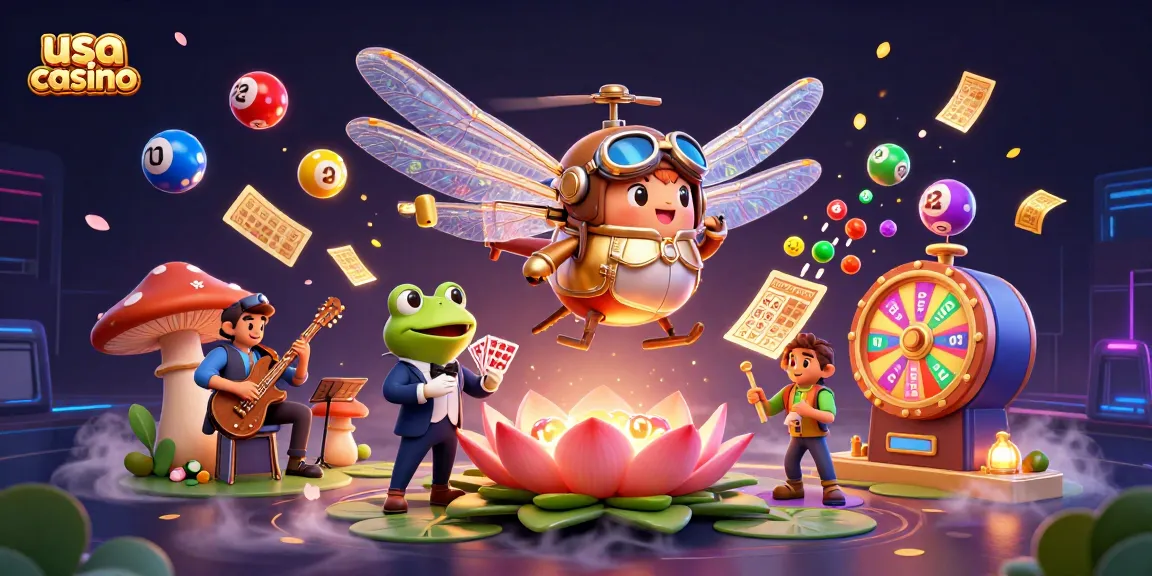 The vibrant scene showcases usa casino elements with a dragonfly pilot, frog croupier, and jazz musicians amid lively lottery balls and dynamic casino features.