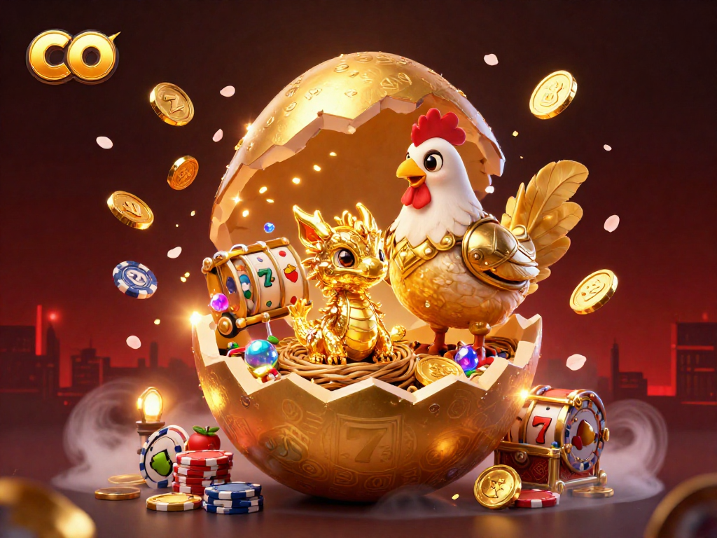 Play slots at co with a baby dragon and golden armor guard amidst vibrant casino elements.