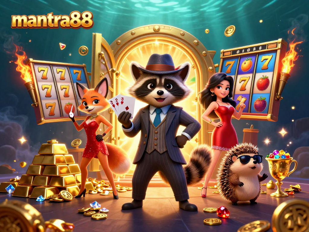 Experience winning at mantra88 with an exciting scene featuring gambling characters and vibrant game elements.