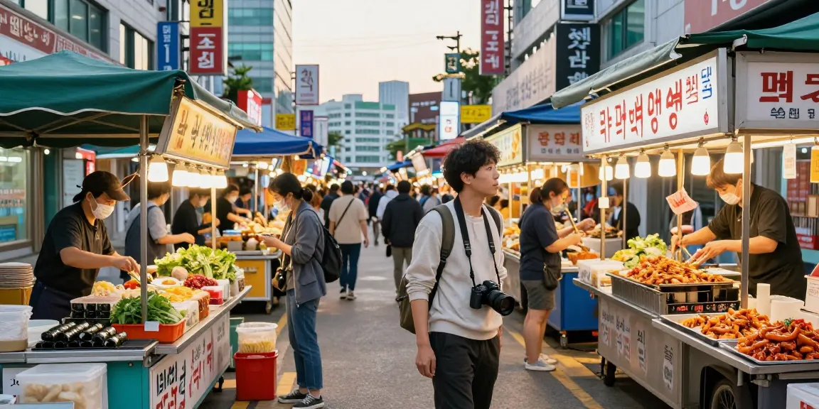 인천 부평OP의 길거리 음식 시장에서 현지 음식을 즐기는 여행자의 모습