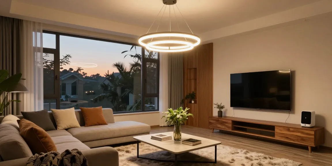 Lustra living suspendată în living modern, iluminând zona de relaxare cu un design elegant și confort.