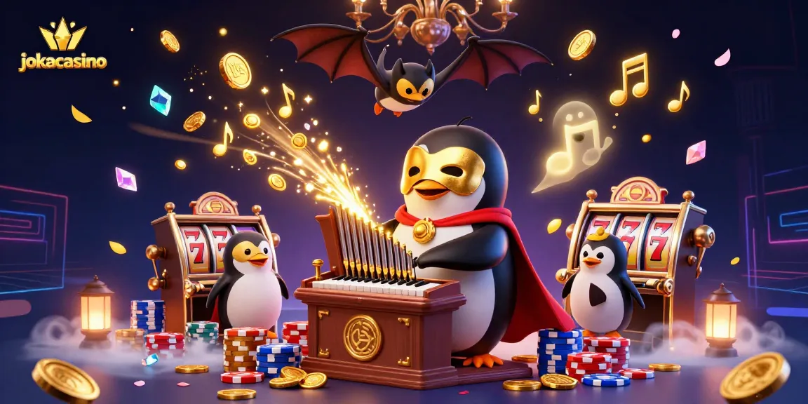 Experience the thrill at jokacasino with golden coins cascading from a whimsical penguin playing the organ.