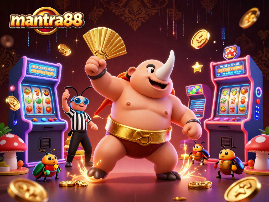 Experience winning thrills at mantra88 with a colorful 3D casino scene featuring a beetle champion and arcade elements.