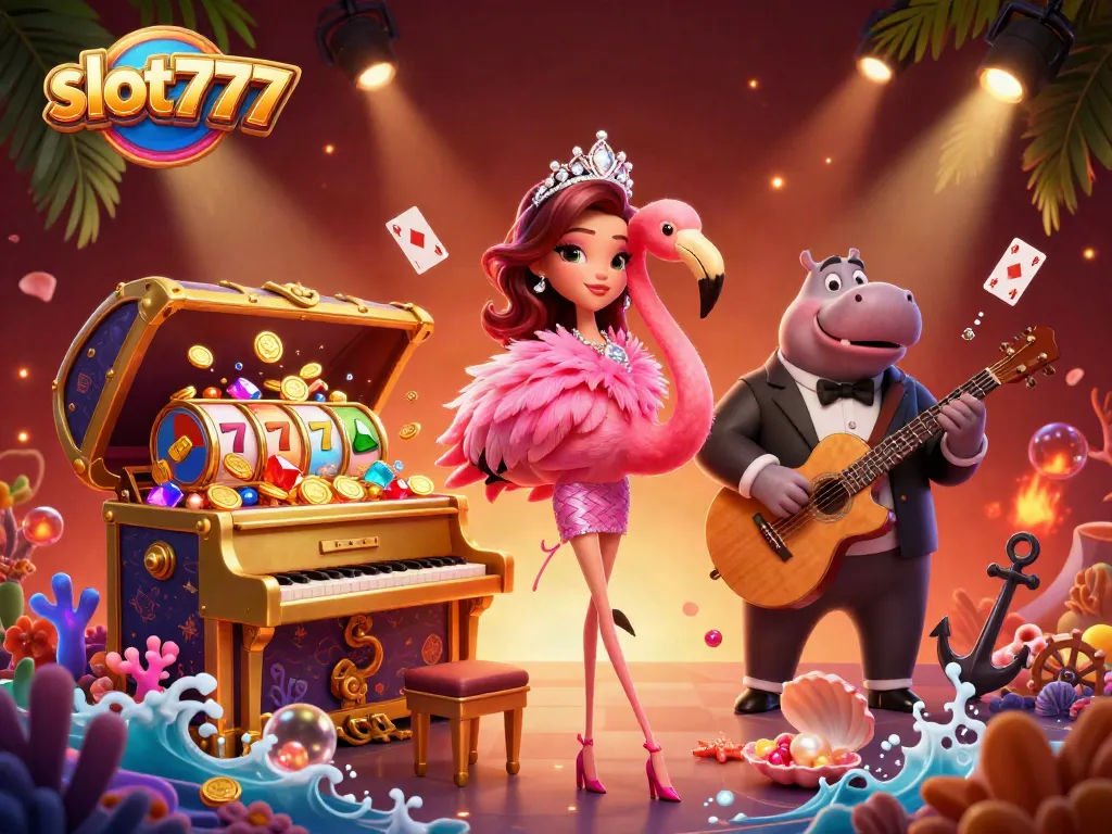 Mainkan slot777 dengan gambar menarik yang menampilkan penyanyi kasino dan elemen slot.