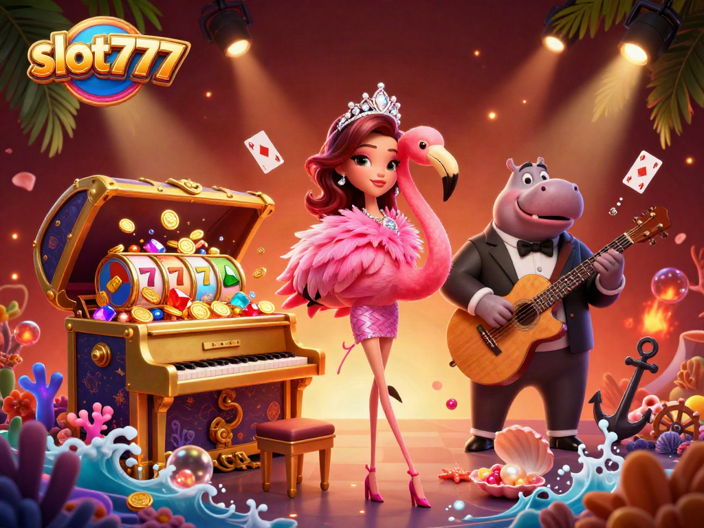 Mainkan slot777 dengan gambar menarik yang menampilkan penyanyi kasino dan elemen slot.