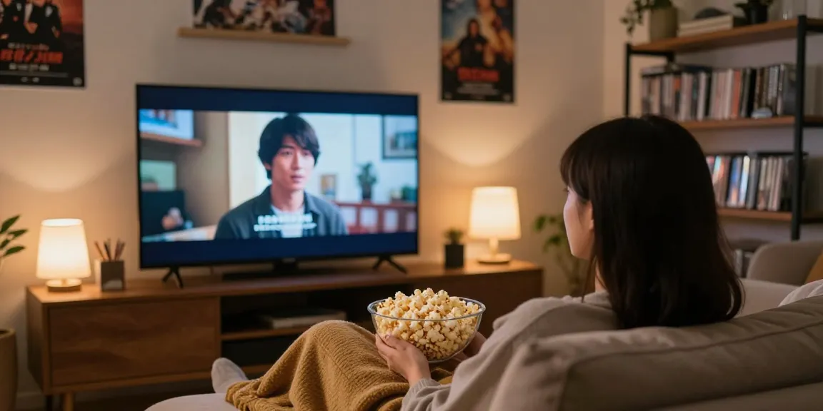 Relaxing evening watching jav sub indo on large screen with popcorn.