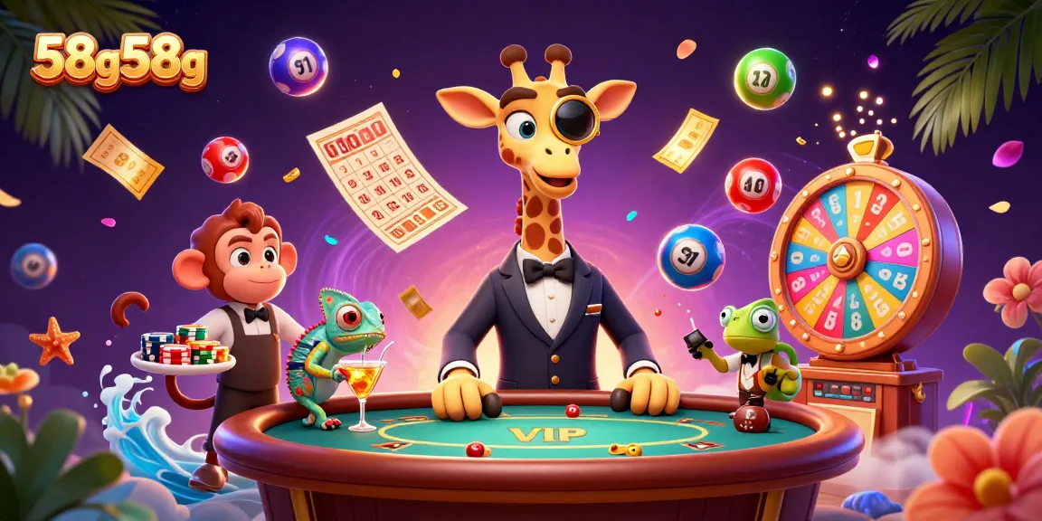 O giraffe high-roller do 58g58g jogando no poker, cercado por bolas de loteria e elementos de cassino.