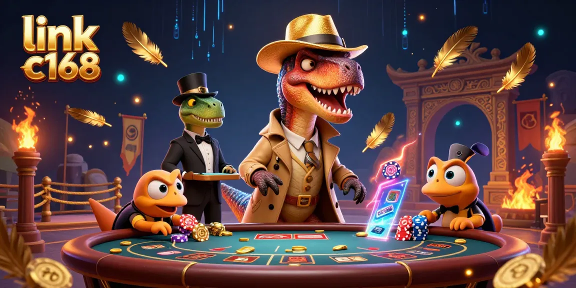 Betting action scene featuring the link c168 velociraptor at a blackjack table amid gold and casino elements.