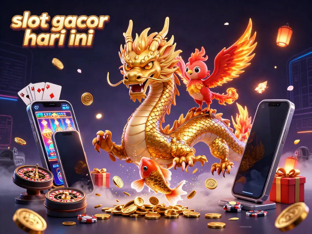 Experience slot gacor hari ini with a golden dragon, phoenix, and koi fish surrounded by casino elements.