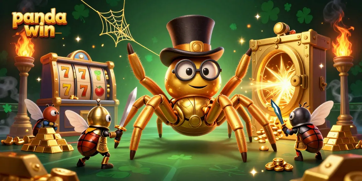 Panda win showcases a vibrant casino scene with a golden tarantula and beetle knight in action.