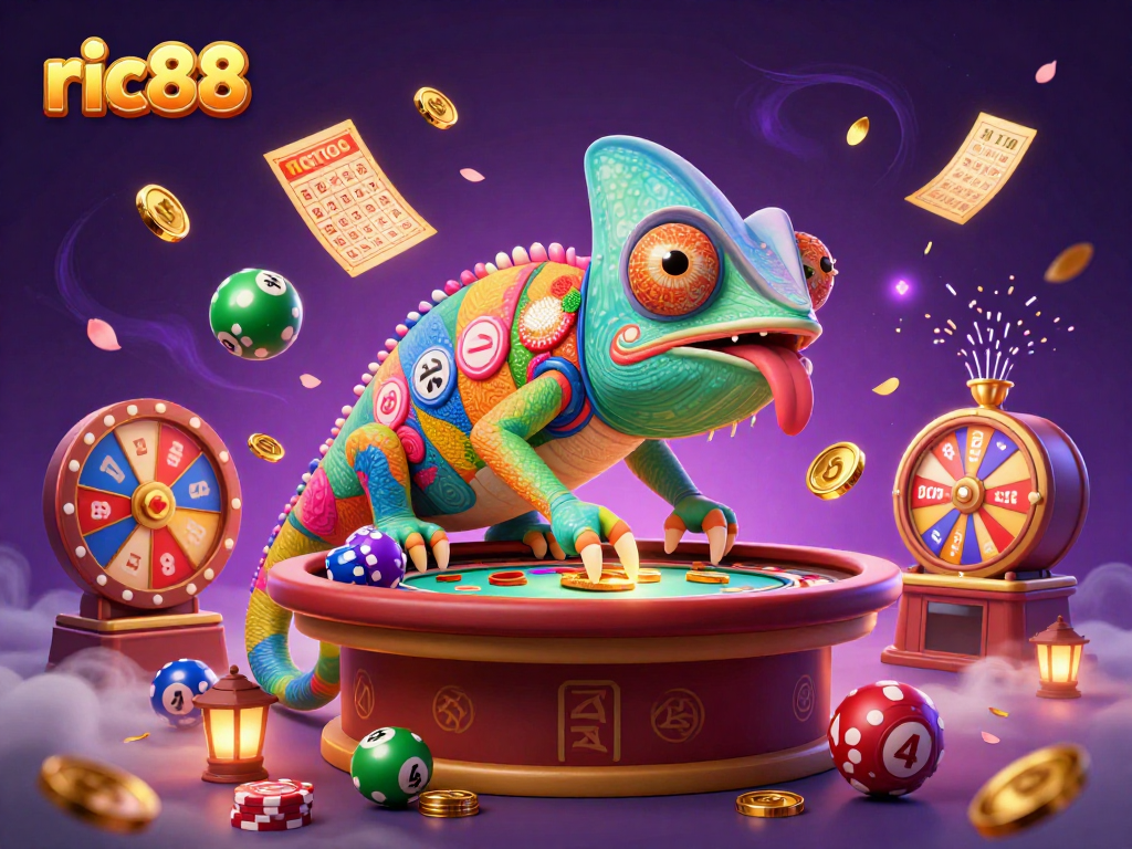 Engage in vibrant casino action with ric88, featuring a colorful chameleon owner animatedly overseeing games.