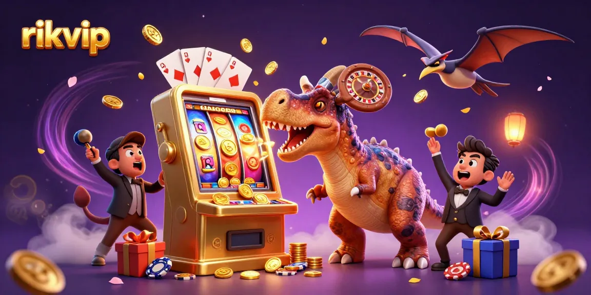 rikvip captures a thrilling jackpot moment with a dinosaur, slot machine, and floating coins.