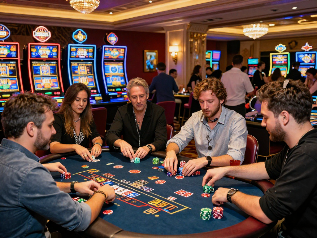 Scène de casino en ligne avec joueurs profitant d'une ambiance animée et de machines à sous modernes.
