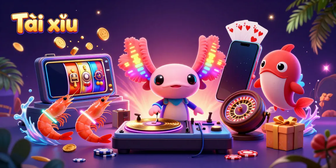 Experience the thrill of Tài xỉu with a lively 3D scene featuring a DJ axolotl, dancing shrimp, and gambling elements.