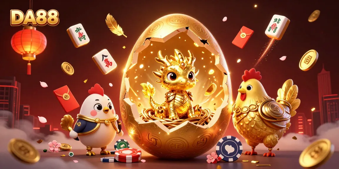 Engage with DA88's vibrant world featuring a stunning golden dragon and poker chips.