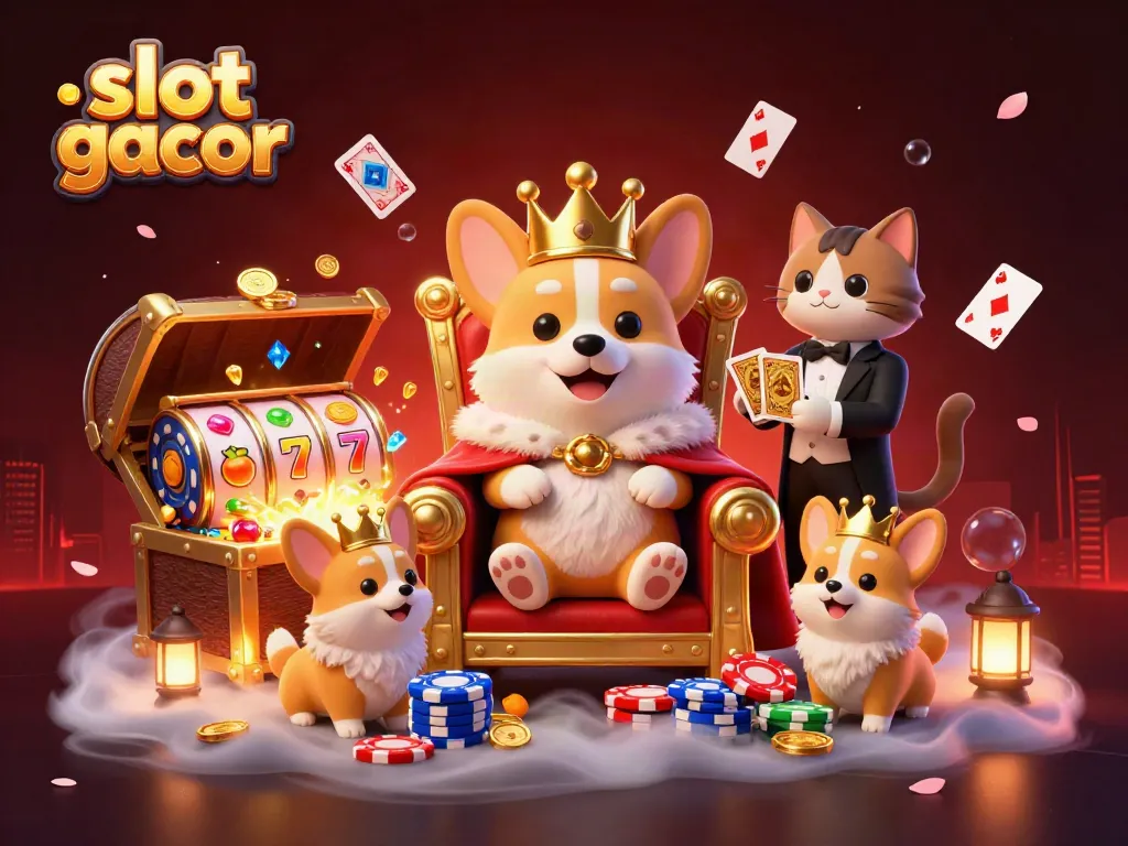 Win big with slot gacor in this lively 3D scene featuring a royal corgi and sparkling treasures.
