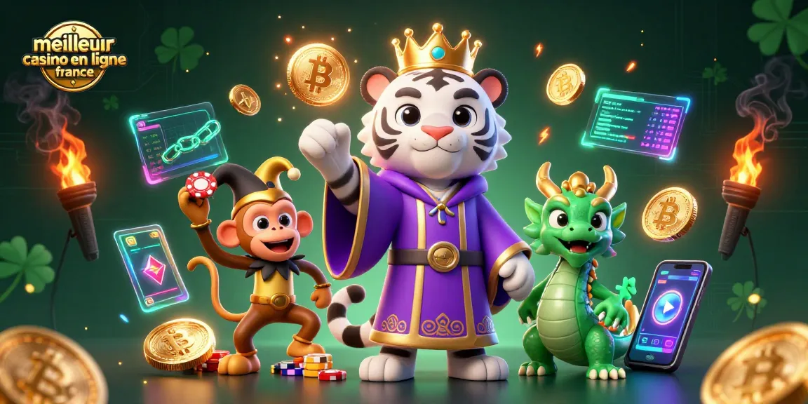 Jouez au meilleur casino en ligne France avec un tigre blanc et un singe jongleur entourés d'éléments de jeu et de crypto-monnaies.
