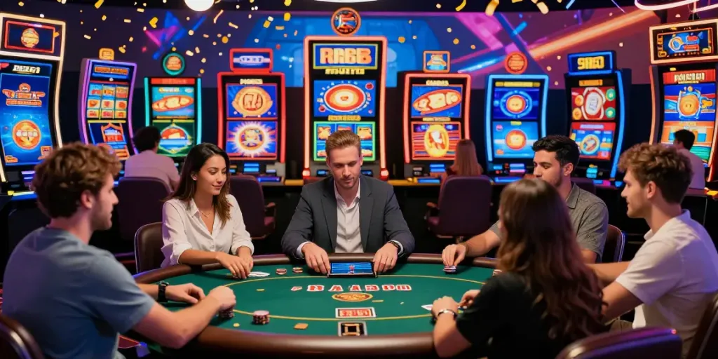 Exciting scene of players enjoying casinos not on GamStop in a vibrant online casino setting.