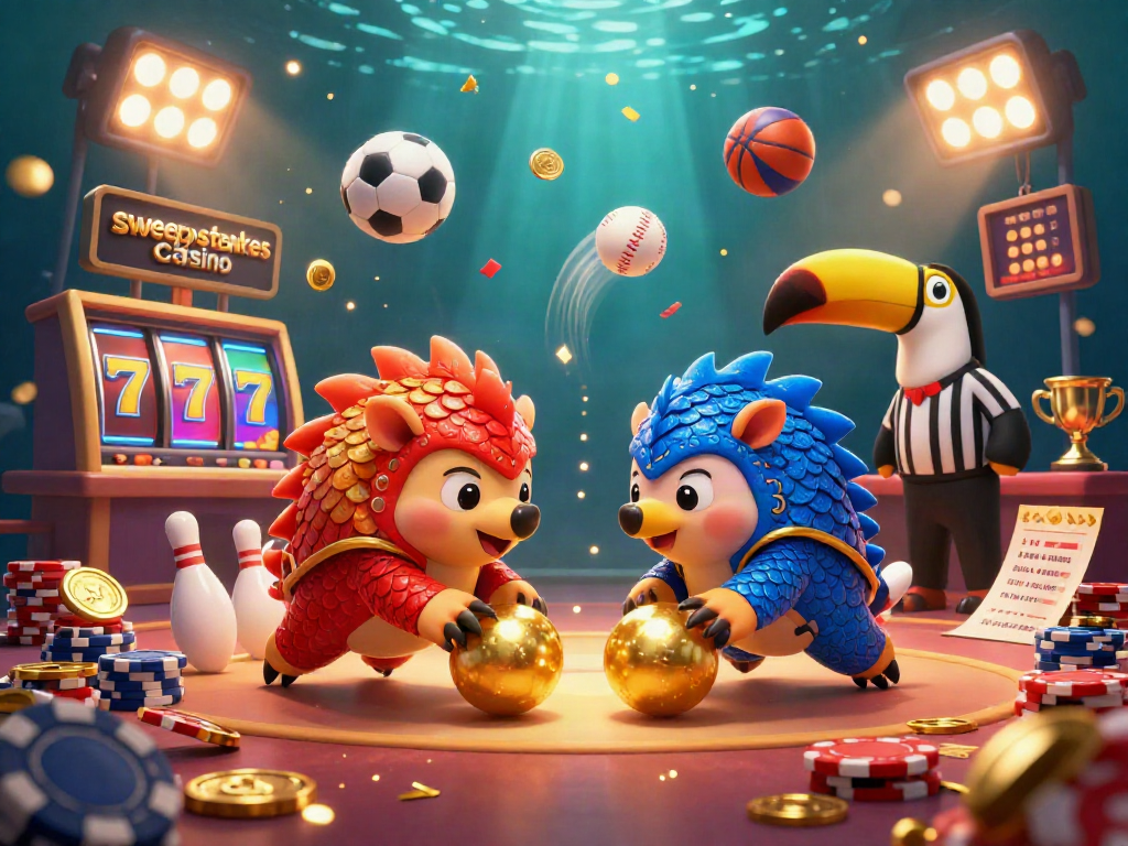 Sweepstakes casino scene with rival pangolins in colorful armor bowling through poker chips, vibrant gaming elements included.
