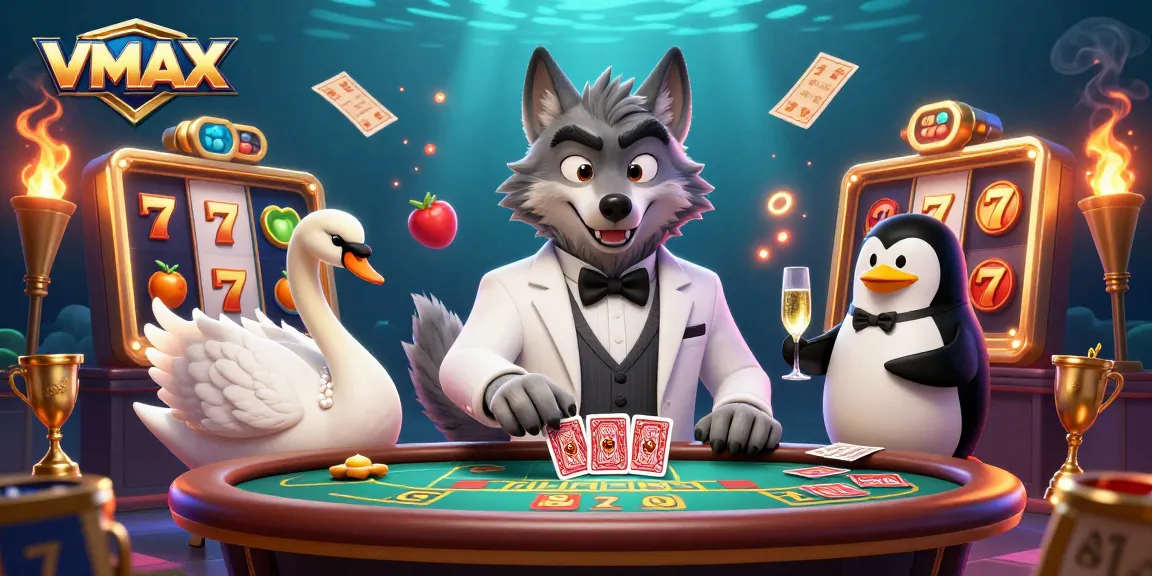 VMAX slots scene showcasing a debonair wolf, elegant swan, and sophisticated penguin enjoying jackpot gameplay.
