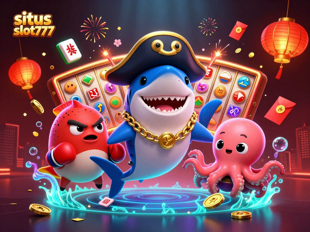 Engage with situs slot777, featuring animated pirate shark, boxing pufferfish, and octopus with golden coins.