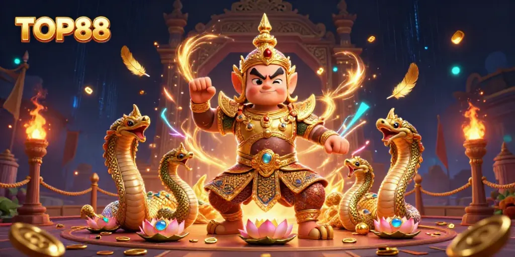 Engage in exhilarating gameplay with TOP88's vibrant casino scene featuring mythical guardians and dynamic betting elements.