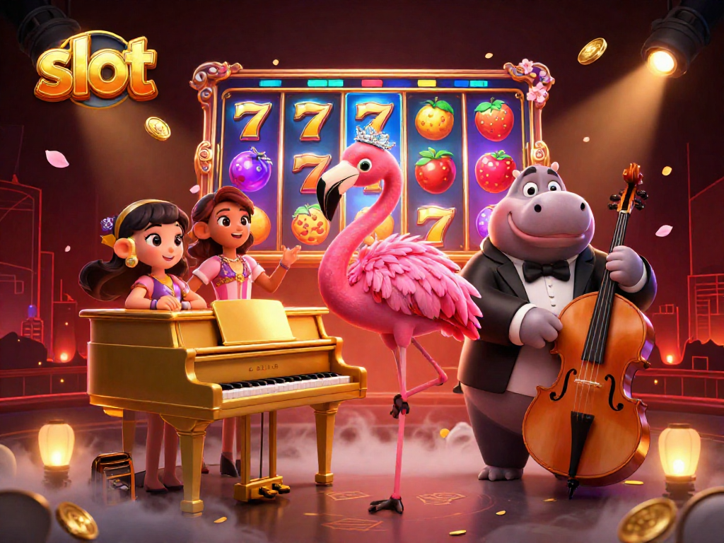 Slot yang menampilkan flamingo penyanyi di kasino dengan elemen permainan yang menarik.