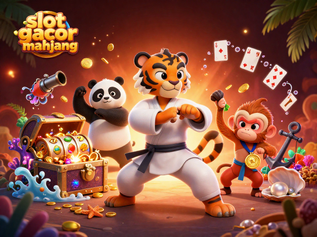 Engage with slot gacor mahjong through an exciting 3D scene featuring kung fu characters and casino vibes.