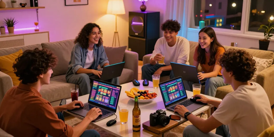 Friends engaging in a lively สล็อต gaming night with snacks and drinks.