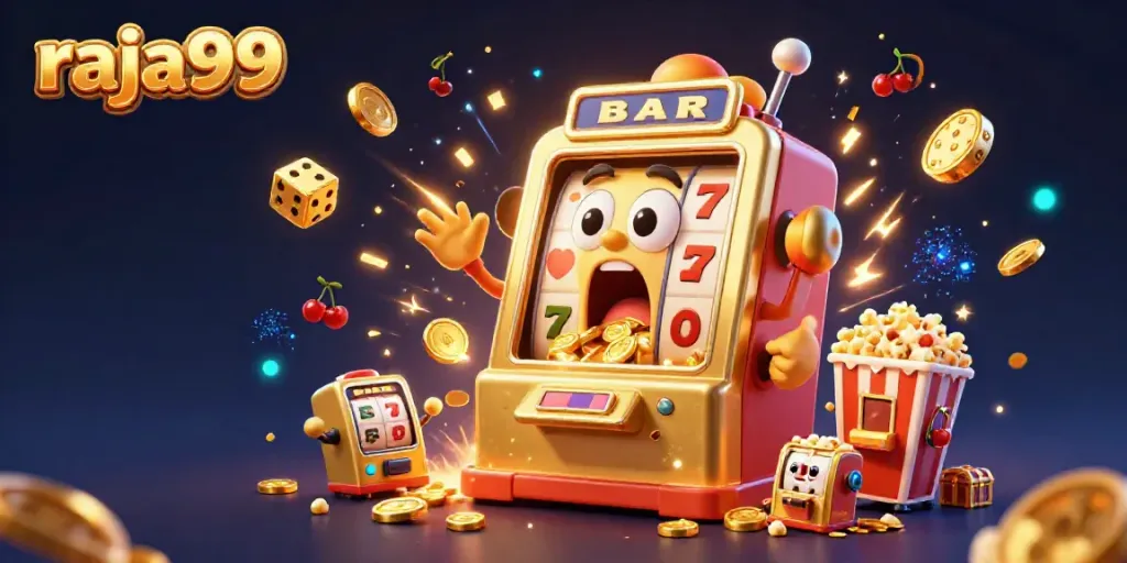 Experience raja99's winning excitement as the slot machine hits a jackpot, surrounded by fun!