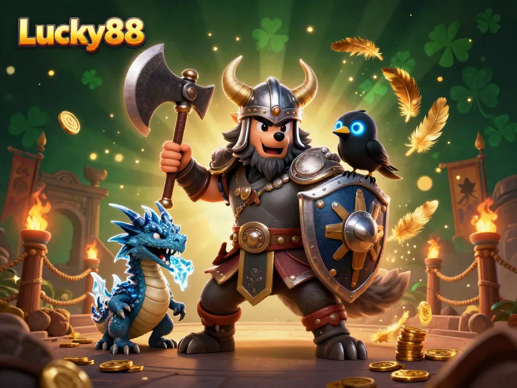 Join the adventure with Lucky88 in this thrilling 3D casino scene featuring a Viking wolf warrior.