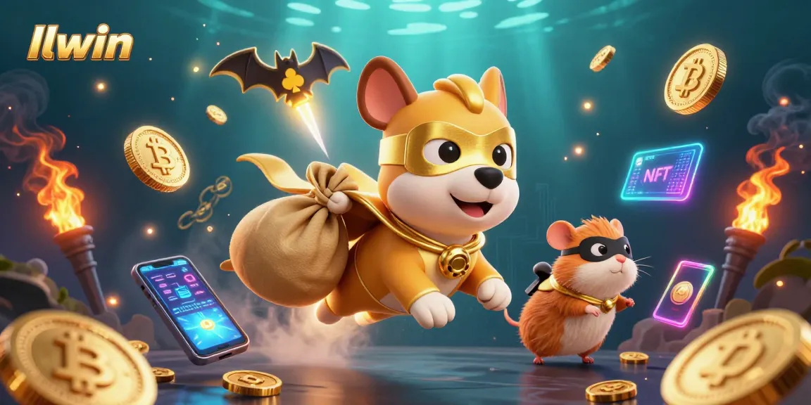 Join the llwin adventure in a vibrant casino world, with superhero dog and hamster collecting coins!