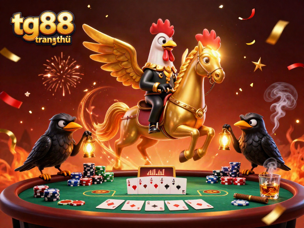 Experience the excitement of tg88 trang chủ with a vibrant casino scene featuring a golden rooster and poker elements.