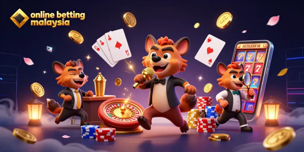 Experience thrilling online betting Malaysia at a vibrant casino scene with hyena characters.