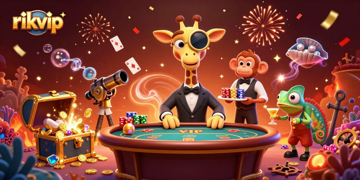 Experience high-stakes poker with rikvip featuring a high-roller giraffe, monkey valet, and chameleon bartender.
