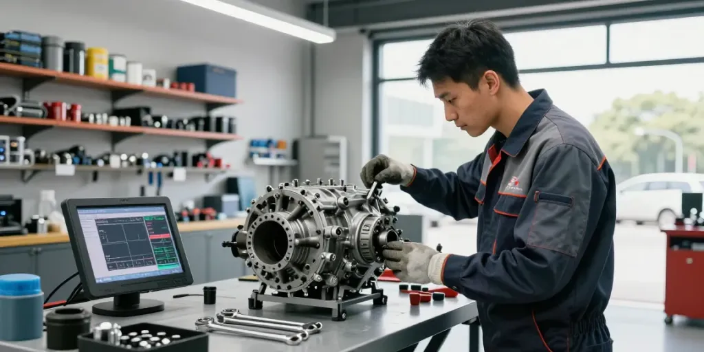 Certified mechanic examining a CD009 transmission in a bright workshop.