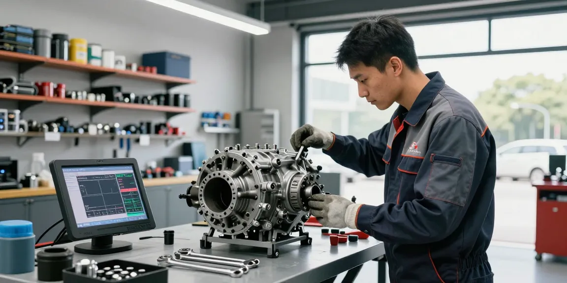 Certified mechanic examining a CD009 transmission in a bright workshop.