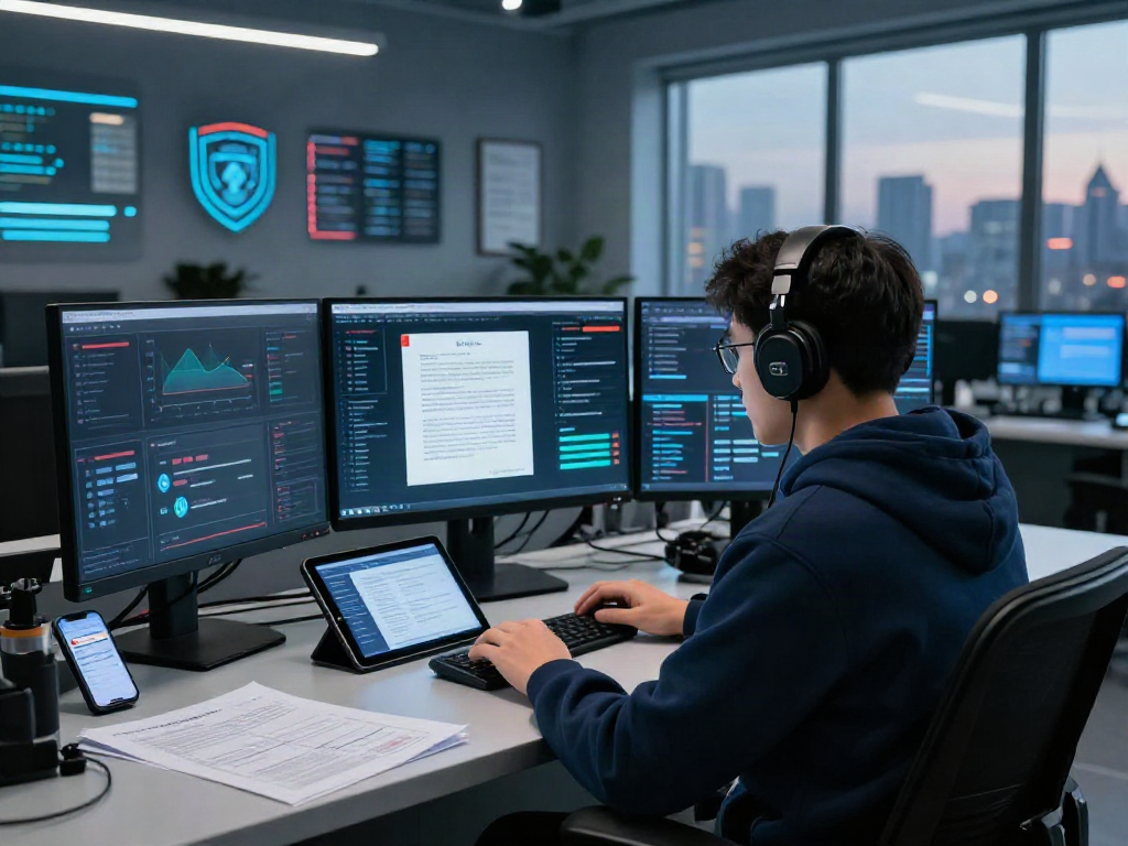 Cybersecurity analyst monitoring document fraud detection solution in high-tech operations center, real-time data analysis visible on multiple screens.