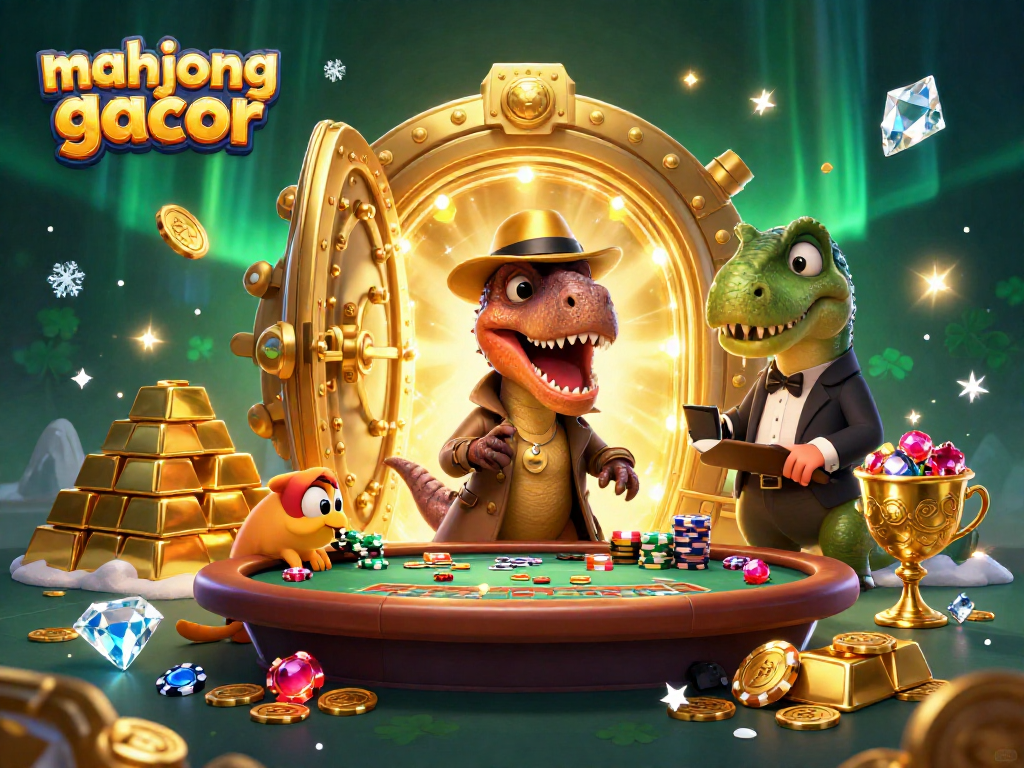 Experience the thrill with mahjong gacor game as cartoon dinosaurs engage in high-stakes play at the blackjack table.