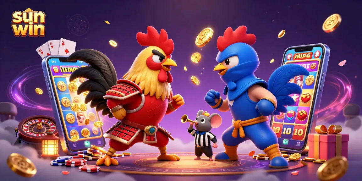 Experience the thrill of sun win action as roosters battle in a vibrant, dynamic casino scene.